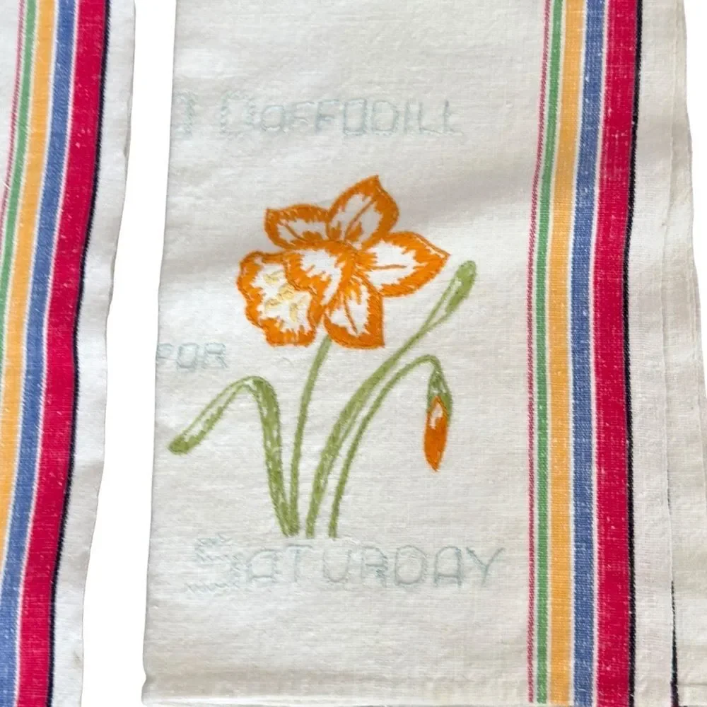 Vintage Days of the Week Set of 6 Colorful Embroidered Flower Dish Towels.